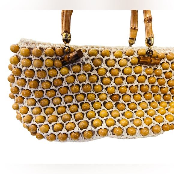 Vintage 50s Beaded Handbag brass Bamboo Handle Wicked Weave Made in Japan - Picture 8 of 12